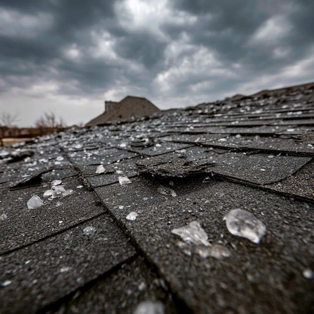 Melting hailstones on dark shingles beneath a dramatic cloudy sky